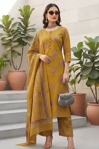 Yellow floral printed cotton kurta set