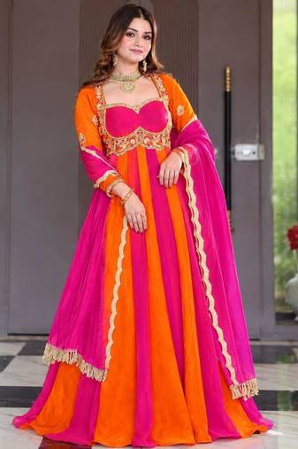 Multicolor silk blend embroidered anarkali set