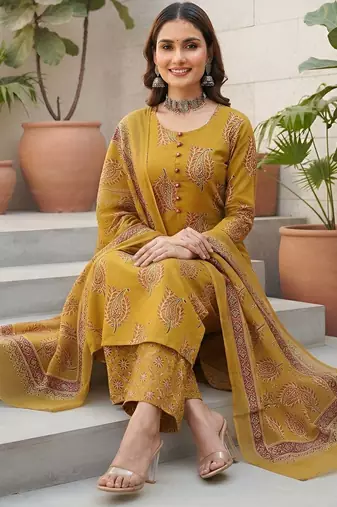 Yellow floral printed cotton kurta set