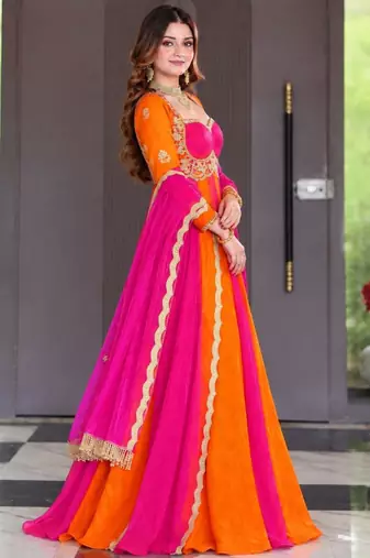 Multicolor silk blend embroidered anarkali set