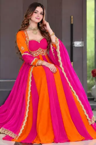 Multicolor silk blend embroidered anarkali set