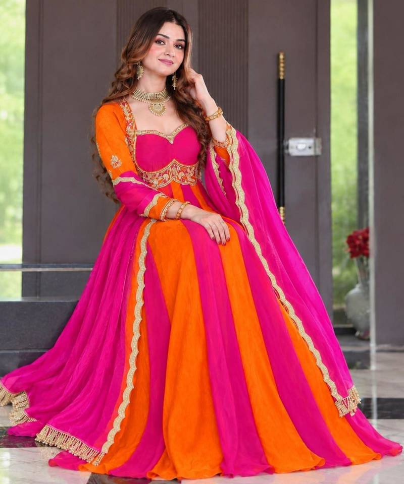Multicolor silk blend embroidered anarkali set