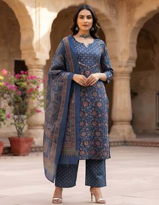 Blue floral printed cotton kurta set 1