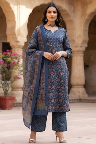 Blue floral printed cotton kurta set