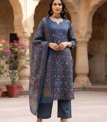 Blue floral printed cotton kurta set