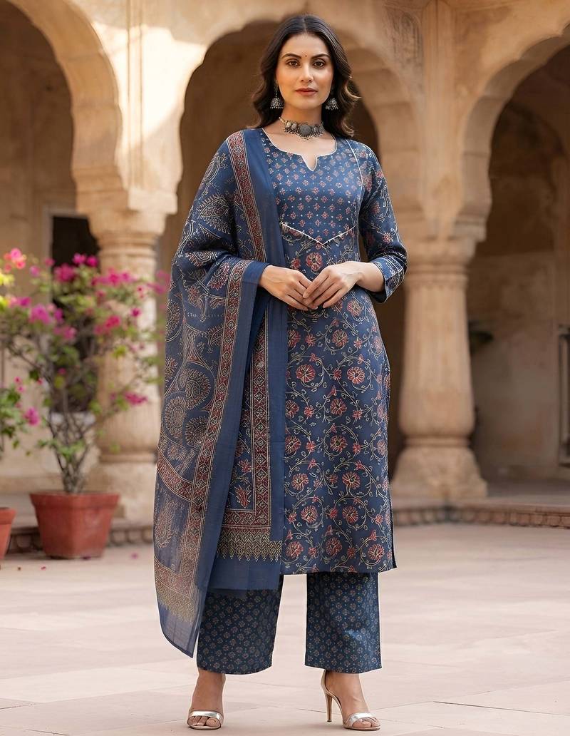 Blue floral printed cotton kurta set