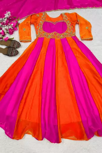 Multicolor silk blend embroidered anarkali set