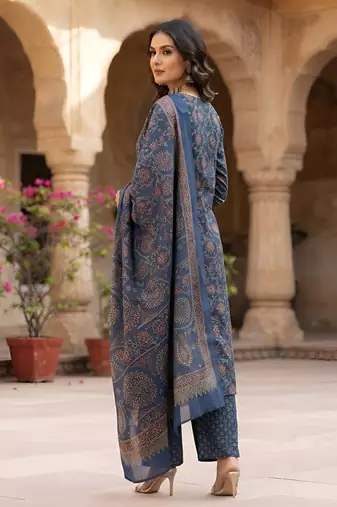 Blue floral printed cotton kurta set