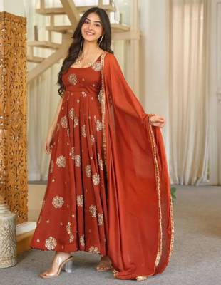 Brown silk blend embroidered anarkali set 1