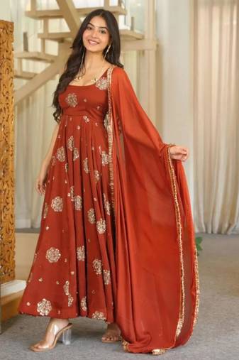 Brown silk blend embroidered anarkali set