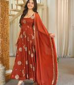 Brown silk blend embroidered anarkali set
