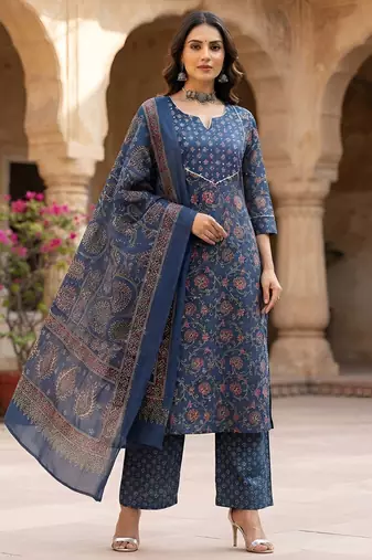Blue floral printed cotton kurta set