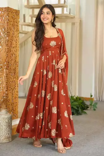 Brown silk blend embroidered anarkali set