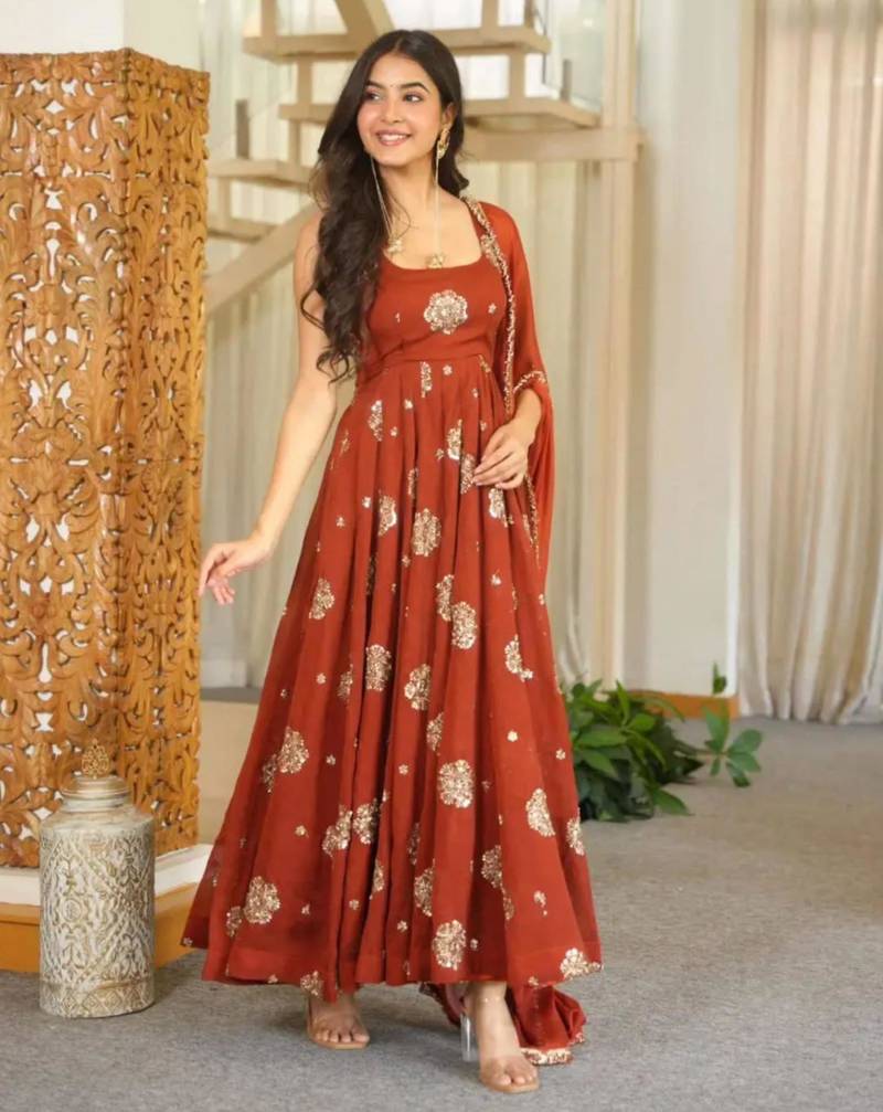 Brown silk blend embroidered anarkali set
