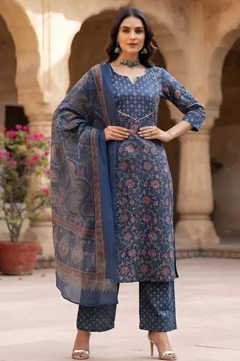 Blue floral printed cotton kurta set