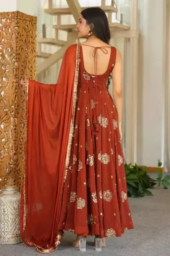 Brown silk blend embroidered anarkali set