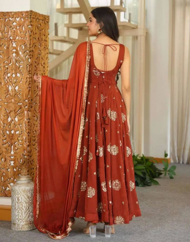 Brown silk blend embroidered anarkali set