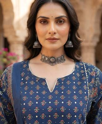 Blue floral printed cotton kurta set 5