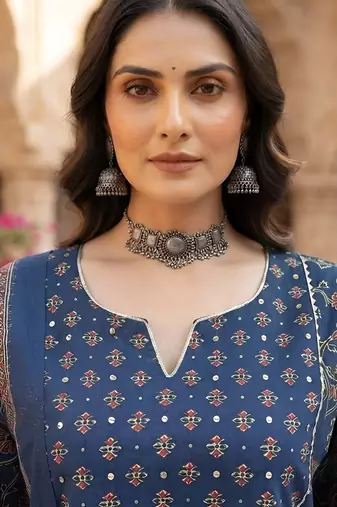 Blue floral printed cotton kurta set