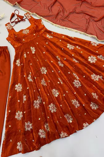 Brown silk blend embroidered anarkali set