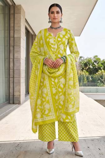 Green floral printed cotton kurta set