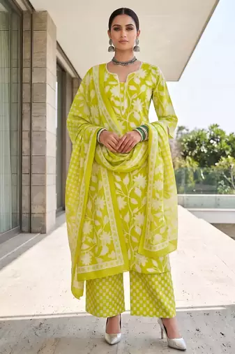 Green floral printed cotton kurta set