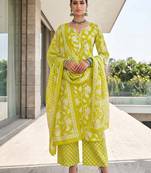 Green floral printed cotton kurta set
