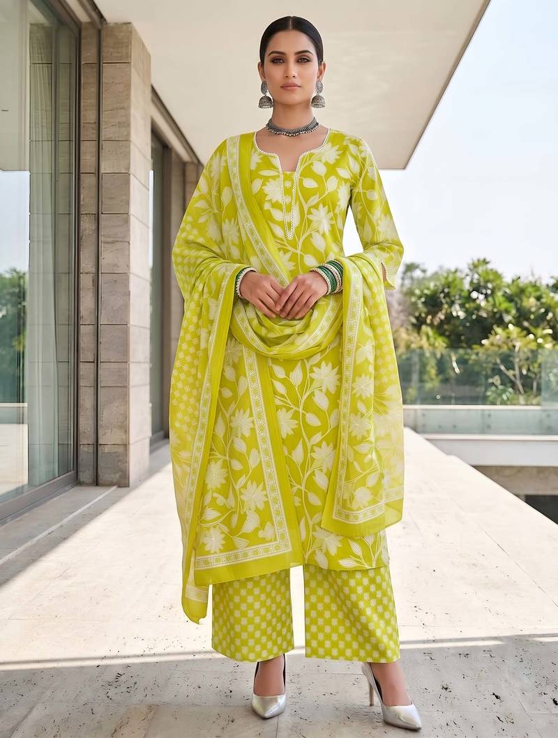 Green floral printed cotton kurta set