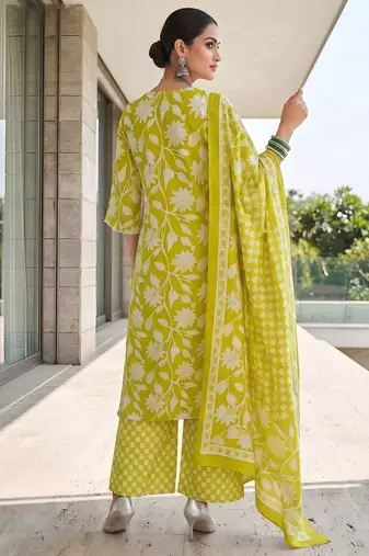 Green floral printed cotton kurta set