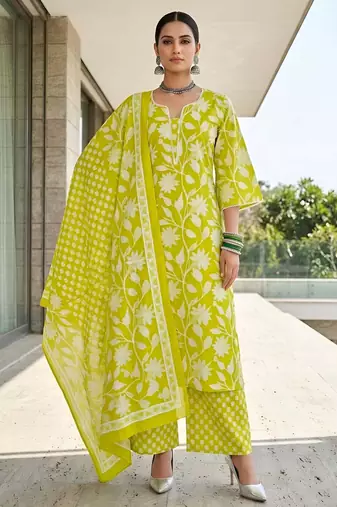 Green floral printed cotton kurta set