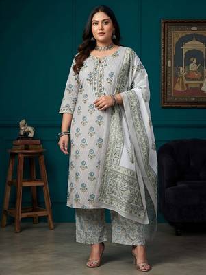 Grey floral printed cotton kurta set 1