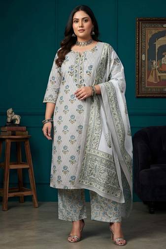 Grey floral printed cotton kurta set