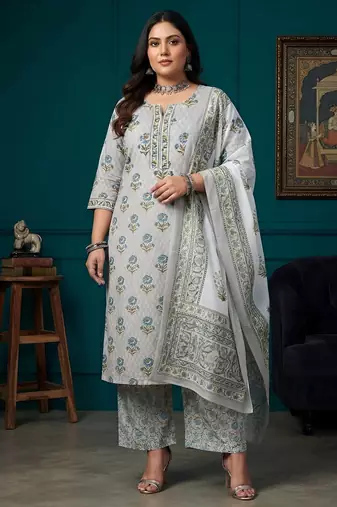 Grey floral printed cotton kurta set