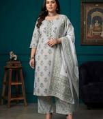 Grey floral printed cotton kurta set