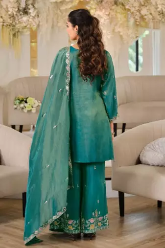 Teal-green silk blend embroidered palazzo set
