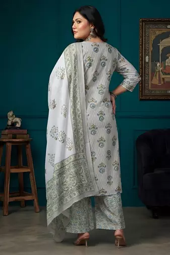 Grey floral printed cotton kurta set