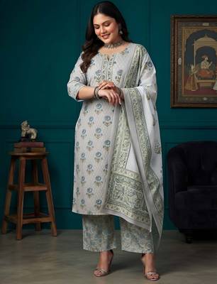 Grey floral printed cotton kurta set 3