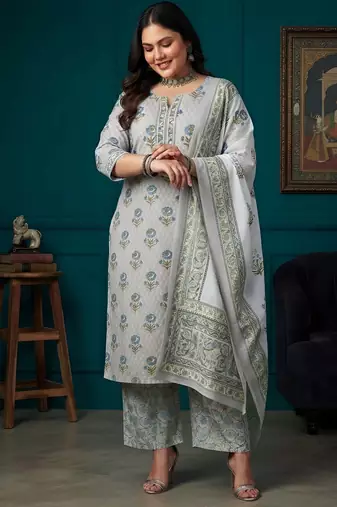 Grey floral printed cotton kurta set