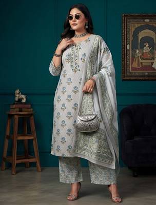 Grey floral printed cotton kurta set 4