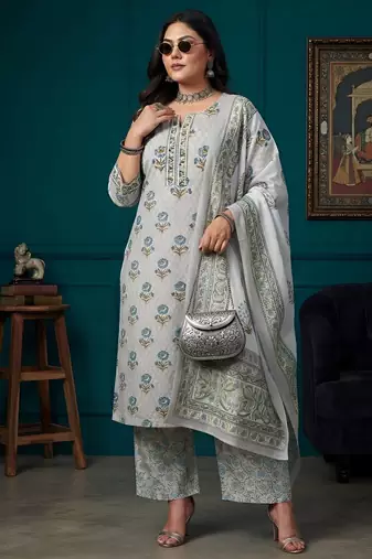 Grey floral printed cotton kurta set
