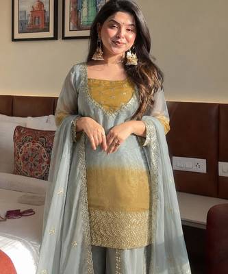 Grey silk blend embroidered palazzo set 1