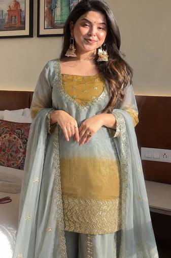 Grey silk blend embroidered palazzo set