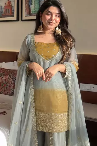 Grey silk blend embroidered palazzo set