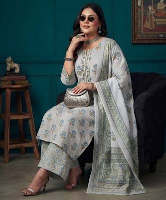 Grey floral printed cotton kurta set 5