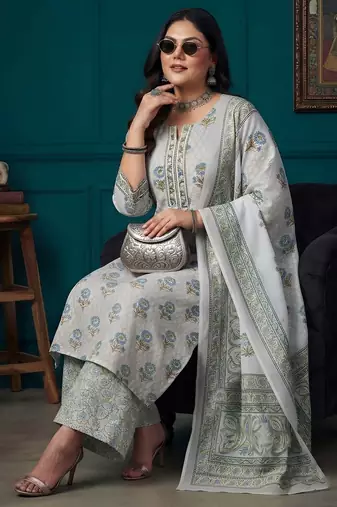Grey floral printed cotton kurta set
