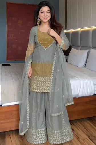 Grey silk blend embroidered palazzo set