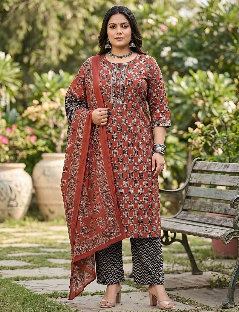 Maroon floral printed cotton kurta set