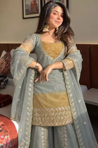 Grey silk blend embroidered palazzo set
