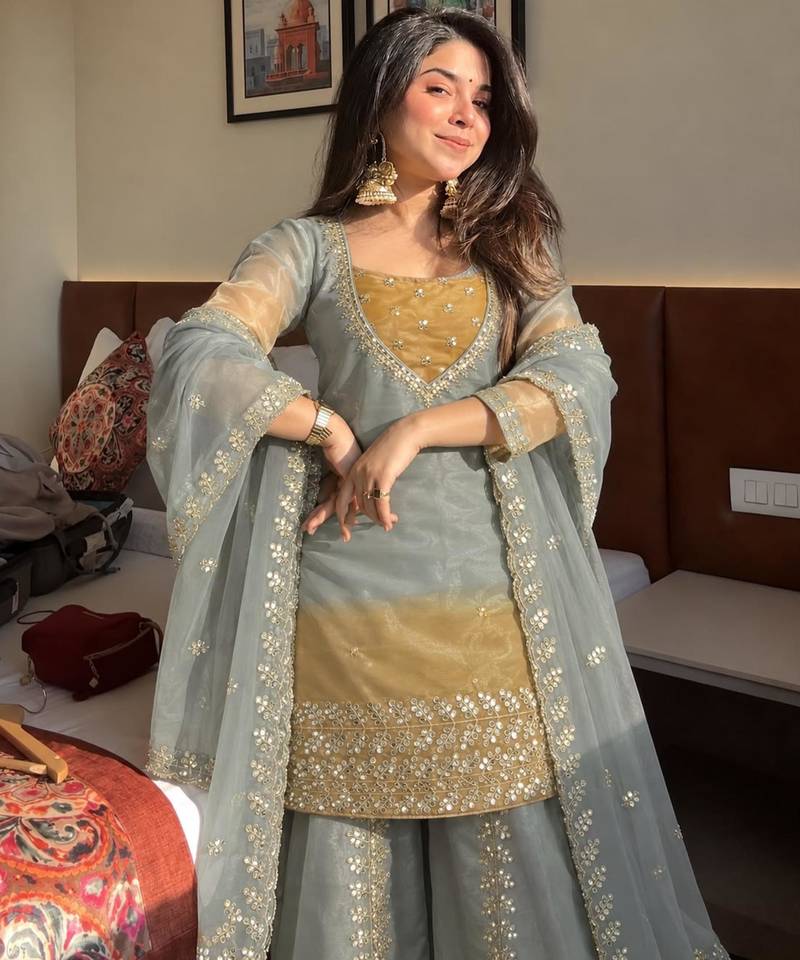 Grey silk blend embroidered palazzo set