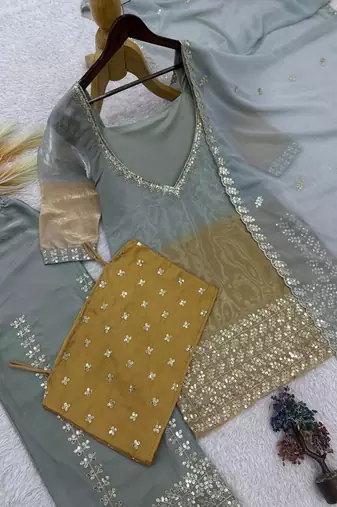 Grey silk blend embroidered palazzo set